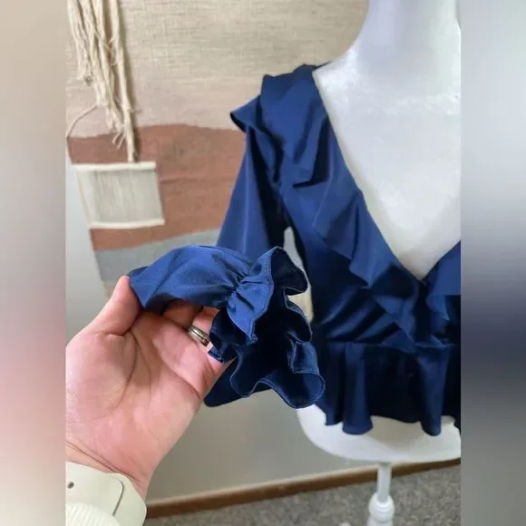 For Love and Lemons 🍋 Blue Satin Better Open Back Ruffle Blouse Size S - Picture 7 of 11